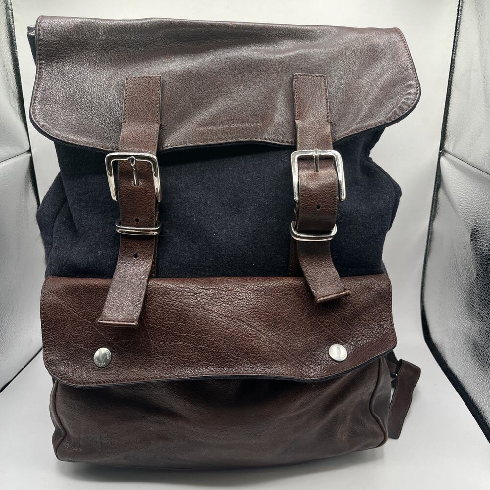 Brunello Cucinelli travel backpack Brown Leather Blue Wool Vintage Italy Rare